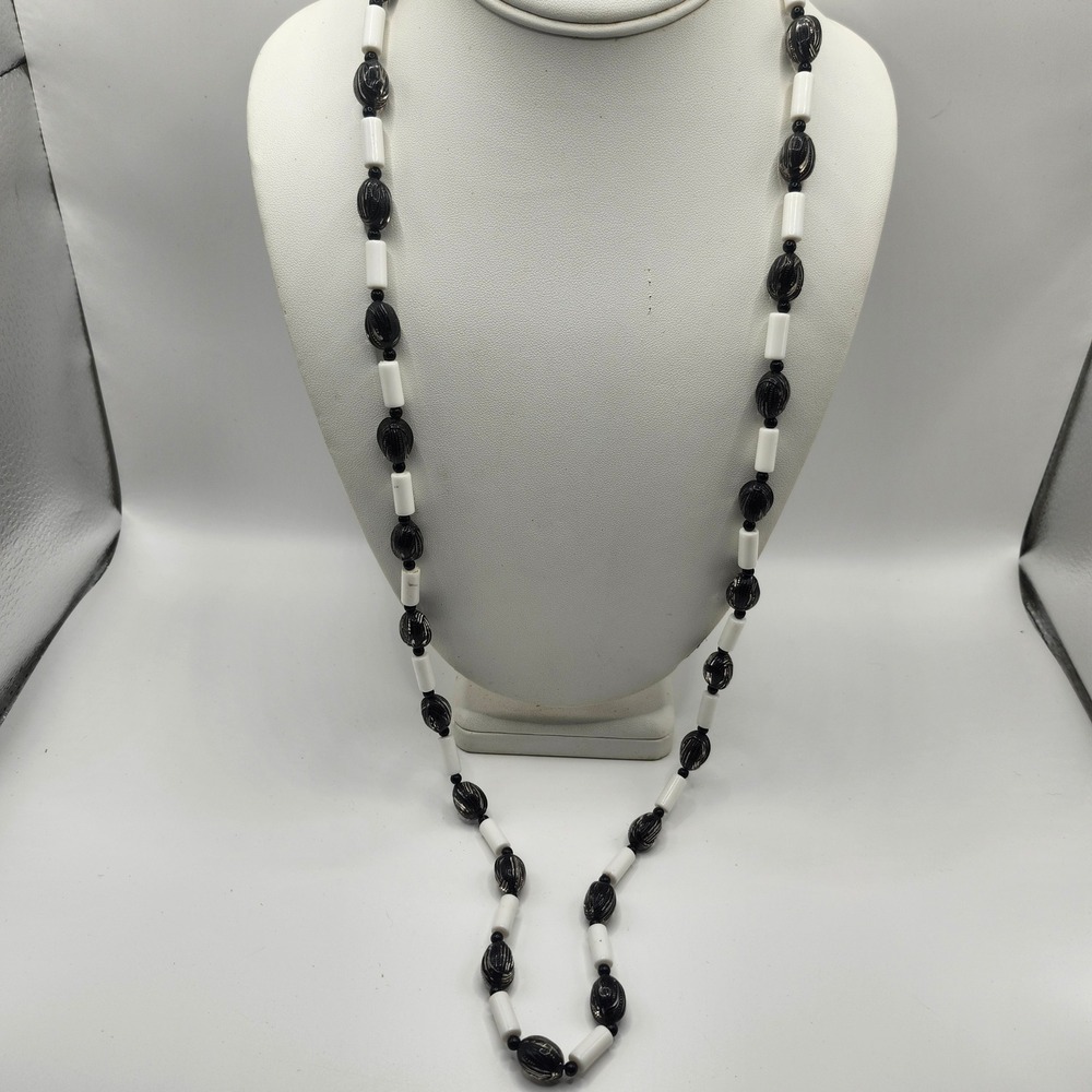 Vintage Black and White Beaded Necklace Long Strand Art Deco Style Jewelry